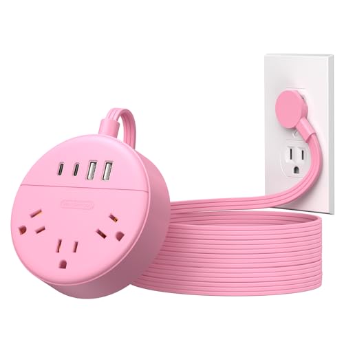 Extensión NTONPOWER Rosa 3 Tomas con 2 USB-C y 2 USB-A, Cable Plano 10 ft, Montable en Pared, Para Interior