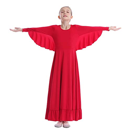 OwlFay Fille Robes de Danse Liturgique Lyrique Robe à Manches Volants Costume de Justaucorps Gymnastique Ballet Classique Combinaison Bodysuit Vêtements Rouge 3-4 Ans Cover