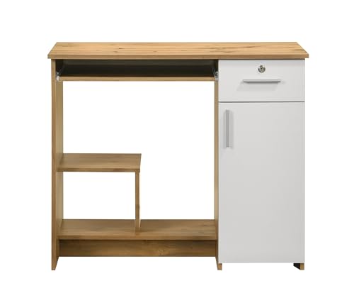 Image of DeckUp Nobu Home Engineered Wood Study Table and Office Desk (Wotan Oak & White, Matte Finish)