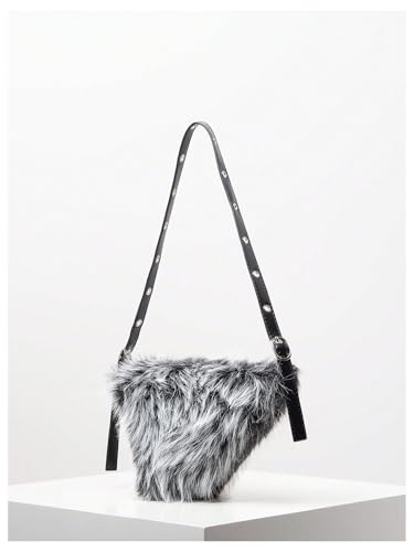 MakeMeChic Women's Faux Fur Top Handle Triangle Shoulder Handbag Teddy Plush Purse Y2K Tote Bag2