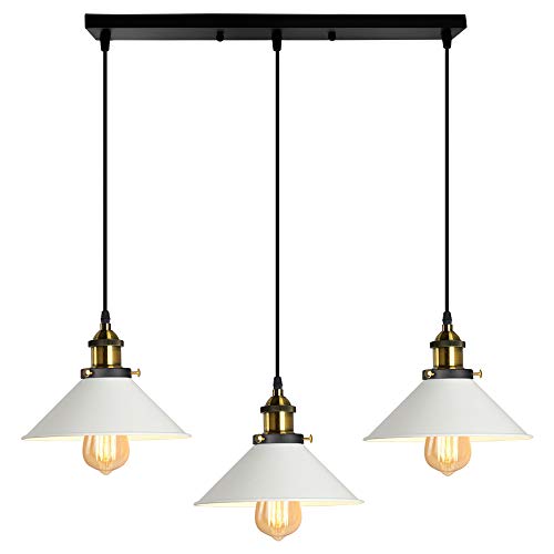 iDEGU 3 Lampes Suspension Luminaire Industrielle Lustre Plafonniers Design Edison Métal Lustre Suspension avec Support en Barre, Ø 220mm, Blanc