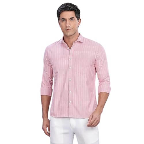 Image of MILDIN Men's Pure Cotton Striped Printed Shirt with Spread Collared Neck Full Sleeve Curved Hemline Button Closure and Regular Fit | Shirt for Man