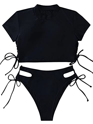 Lilosy Drawstring Bikini Set Srting Swimsuit Short Sleeve Top and Tie Side Bottom 2 Piece2