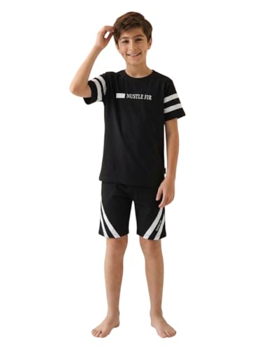 Image of Li'l Tomatoes Boys 100% Cotton Night Suit Set | Half Sleeve T-Shirt & Shorts | Color Block & Typography Print | Soft & Breathable Sleepwear | Casual Summer Wear | 9-16 Years