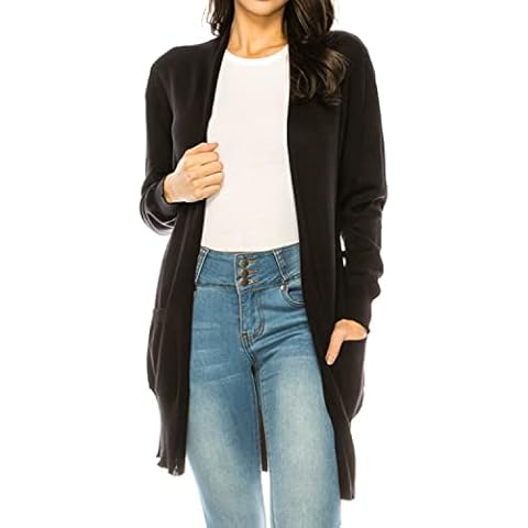 ANNVA U.S.A. Women Open Front Light Weight Cardigan Sweaters Pockets Long Sleeve (X-Large, Black) Cover