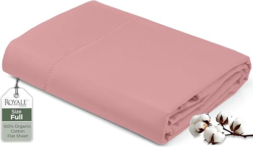 Image of Royale Linens 100% Organic Cotton Full Flat Sheet Only - Super Soft - Percale Top Sheets - Full Flat Sheet Sold Separately - Breathable, Cool & Crisp Pink Sheets Only (81 inch x 96 inch, Pink)