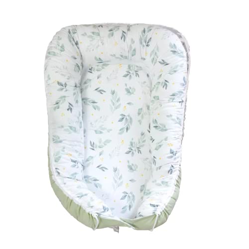 Puckdaddy Flora| Babynest | 105x60cm| Kuschelnest in Grün | Florales Muster | Reisebett & Kuschelplatz für Babys & Neugeborene | 100% Baumwolle | Säuglingsbett für unterwegs | Babynestchen