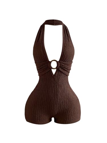 BEAUDRM Womens Summer Romper Sexy Short Rompers Y2K Outfits Halter Backless Jumpsuit Country Concert Party Rave Club Outfits Brown Large