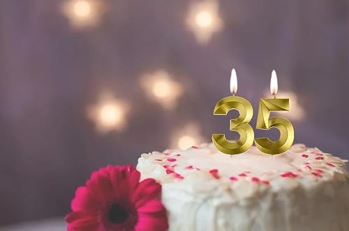 Image of Number 35 or 53 Wax Candle with Crown for Birthday, Wedding, Engagement, Valentines Day Celebration, Bachelorette Cake Topper for Decoration 2 Pcs, Gold, Unscented