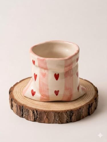 Image of Handmade Heart Print Ceramic Pouch Coffee Mug - Aesthetic Pink Striped Tea Cup for Coffee Milk Espresso, Cute Pottery Style Designer Mug for Women Girls Home Cafe Use