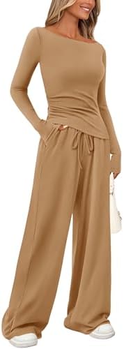 PRETTYGARDEN Women's 2 Piece Lounge Sets Asymmetrical Long Sleeve T Shirt Wide Leg Pants Casual Outfits Tracksuit