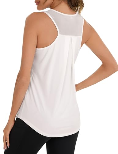 Terecey Yoga Tank Top Damen Atmungsaktives Racerback Funktionsshirt Ärmelloses Sport Training Workout Lauftop mit Mesh Zurück, Weiß XXL