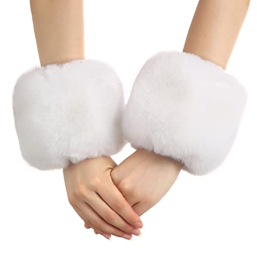 LA CARRIE Women's Leopard Print Faux Fur Wrist Cuffs,Winter Fox Furry Bands Arm Warmer (White S)