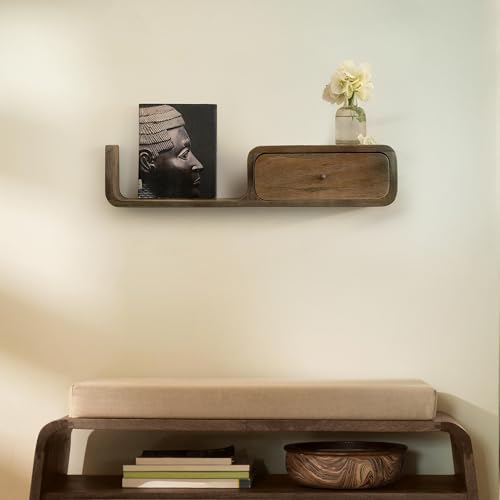 Image of Ellementry Boxy Wooden Wall Shelf with Drawer | Colour: Grey Brown | Mango Wood | Organiser | Wall Decor | Handcrafted | Sustainable | Home & Living | Gifting