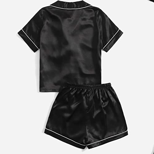 Little Boys Girls Satin 𝗣ajamas Set Black Short Sleeve Button Down Silk 𝗣js 2PC Summer Slee𝐩wear 𝗟oungewear2