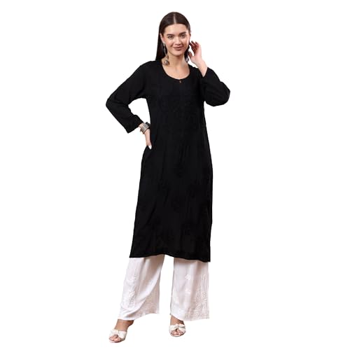Image of POSHAK CHIKAN STUDIO Women's Hand Embroidered Lucknowi Chikankari Modal Straight Long Kurta, heer