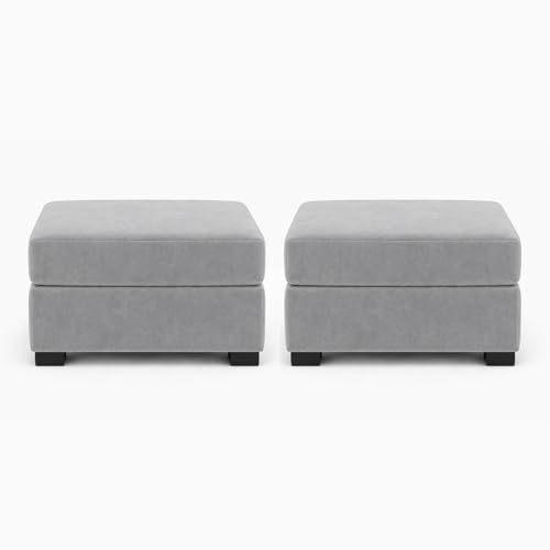 Image of FURNY Revona 5 Seater L Shape Sofa Set with 2 Movable Ottoman | Flexible Left or Right Layout | Plush Velvet Fabric (Light Grey) | Perfect for Living Room, Guest Room & Office