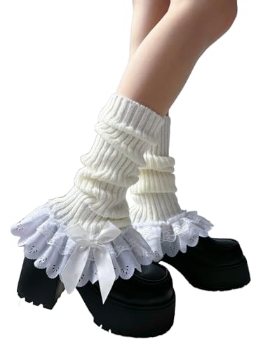 Milumia Women's Y2k Knitted Leg Warmers Lace Trim Bow Ribbed Knit Cute Long Boot Socks