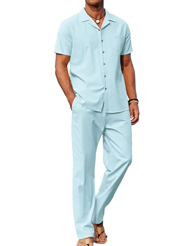 Image of COOFANDY Men 2 Piece Linen Outfit Beach Button Down Shirt Casual Loose Pant Sets