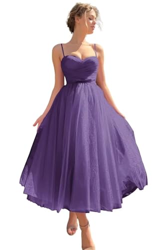 Image of A line Ruched Tulle Prom Dress Spaghetti Straps for Women, Tea Length Sweetheart Homecoming Dress Cocktail Dress