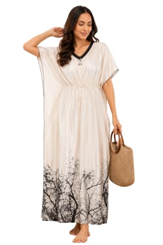 Image of Noty Women's Kaftan Nighty | Digital Print | Sarena Fabric | V Shaped Neck Nightwear | Nightdress for Girl