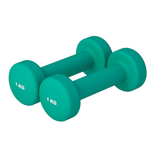 GORILLA SPORTS® Manubri Palestra - 2 x 1 kg. Pesetti in Neoprene e Ghisa, Set da 2 kg, Bordi Arrotondati, Verde - Pesi, Dumbbells per Allenamento Braccia, Pilates, Fitness, Training, Sport