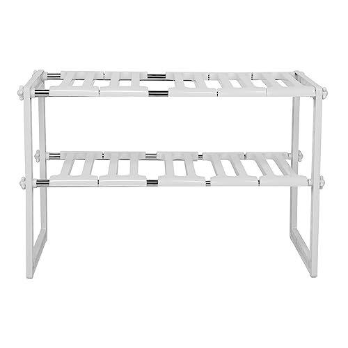 Estante organizador ajustable de 2 capas, estante retráctil para cocina con marco de acero inoxidable para debajo del fregadero, blanco miniatura 6