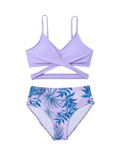 Milumia Girl's 2 Piece Swimsuits Tropical Print Wrap Cross Cute Bathing Suits Swimwear