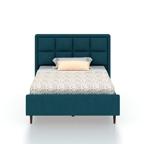 Image of Ganpati Arts Solid Sheesham Wood Louis Upholstered Single Size Bed Without Storage | Modern Design Wooden Single Bed Cot Palang Furniture for Bedroom, Guest Room, Hotels and Home (Teal, 4 Ft)