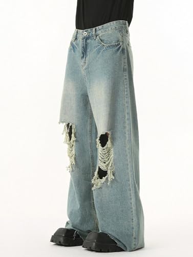 Men's Mid-Rise Jeans Vintage Ripped Raw Edge Loose Fit Wide Leg Straight Casual Denim Pants with Pockets3