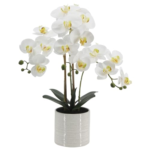 BTHM DSGN Fake Orchid Plant 23 Tall Realistic Touch Leaves Potted Phalaenopsis Artificial Plants Indoor for Home Decor Small Office Home Living Room-White