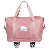 Bolsa De Viaje con Ruedas Bolsa de Lona Plegable, Maleta Grande con Ruedas, Bolso de Viaje Elegante for jóvenes, Tela de Color Puro.(Pink)