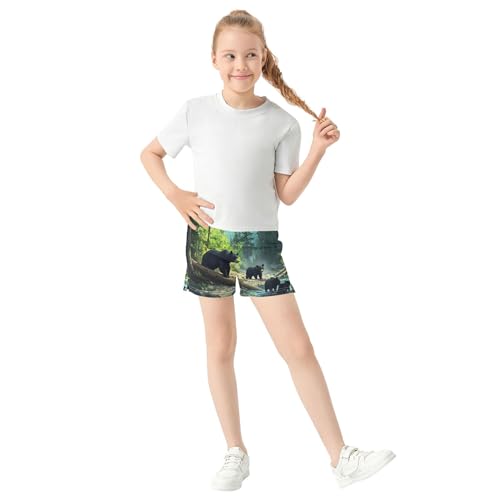 Girls Athletic Shorts Wild Bear Family Forest Stream Print Kids Soft Pajama Sleep Shorts Summer Clothes, X-Small2