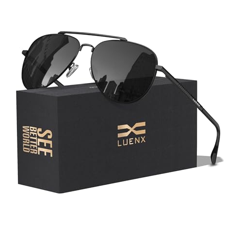 LUENX Aviator Sunglasses for Men Womens Polarized Driving Shades Black Lens Black Metal...
