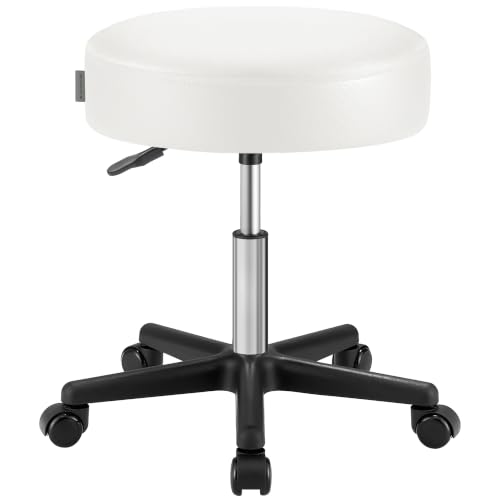 Image of SONGMICS Rolling Stool, Adjustable Swivel Stools Chair, PU Leather, White | Round Rolling Stool 300 lb Weight Capacity , Adjustable Height, for Salon, Bar, Tattoo, Massage, Home Office, UOSC061W101