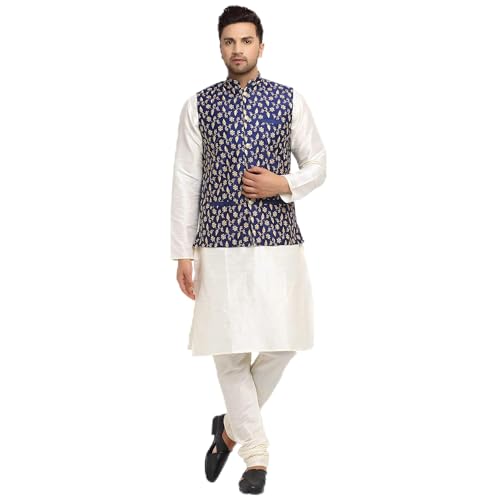 Image of KRAFT INDIA Men's Stylish Silk Kurta with Churidar & Nehru Jacket Set