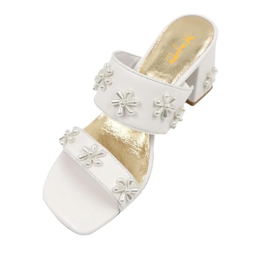 XYD Women Pearl Flower Block Sandals for Bride Wedding Open Toe Mid Heel Mules Double Strap Dress Shoes2