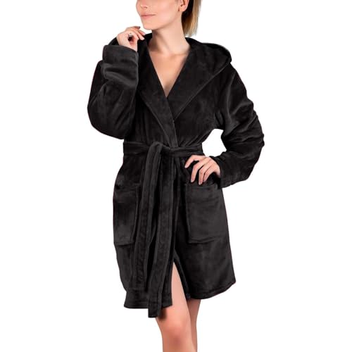 Genérico - Vestido de dormitorio para mujer, de peluche, color liso, albornoz de baño, para mujer, confort y cálido, invierno, con capucha y cordones, pijama de manga larga y suave, ropa de dormir