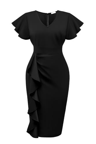 Image of Pinup Fashion Plus Cocktail Wedding Guest Church Work Bodycon Knee Dress | Knit fabric, v-neck, short ruffle sleeves, ruched design, pencil silhouette, knee length, wedding guest, church, cocktail