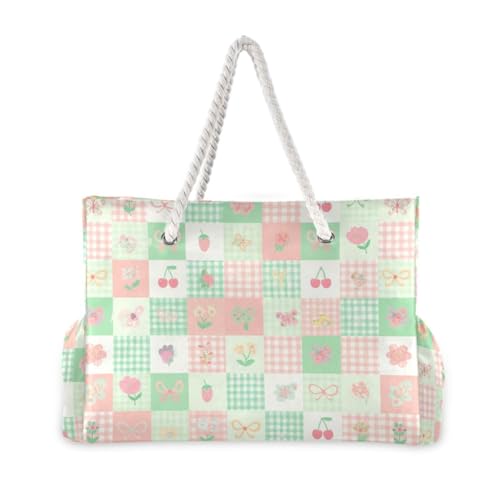 Flowers Strawberry Grid Beach Tote Bag for Women Waterproof Large Swim Pool Beach Bags with Zipper Travel Tote Bags Carry On Bag for Grocery Vacation Essentials Yoga Nurse Gym2