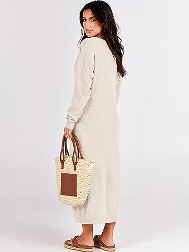 Image of ANRABESS Women Long Sleeve Button V Neck Oversized Casual Loose Fit Waffle Knit Fall Midi Sweater Dress 2026 Trendy Outfits
