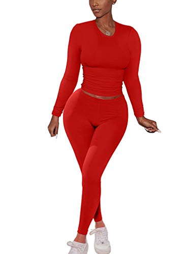 XXTAXN Women's Sexy Two Piece Outfits Long Sleeve Tops Bodycon Pants Daily Outfits Red