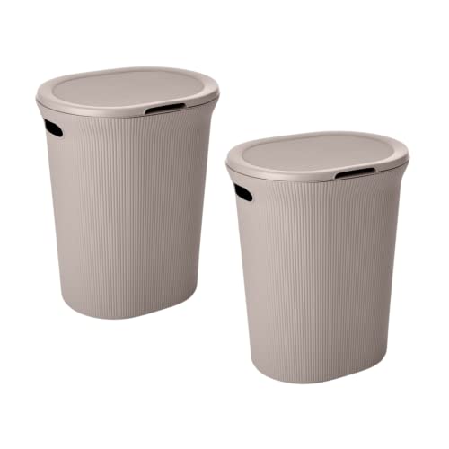 Image of Superio Ribbed Collection - Decorative Plastic Laundry Hamper with Lid and Cut-Out Handles, Taupe (2 Pack) Basket Organzier for Bedroom Bathroom College Dorm Room 40 Liter