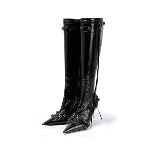 sarawill Women's Pointed Toe Side Zipper Stiletto Heel Knee High Boots Fashion Studded Buckle Strappy Tall Boots Kitten Heel Dressy Long Boots for Women Size 5.5-12