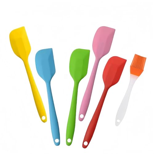 5-Piece Silicone Spatula Set - Heat-Resistant Non-Stick Cooking Spatulas with Stainless Steel Core, BPA-Free Rubber Head - Includes 1 Kitchen Oil Brush for Baking, Grilling, Flipping (Colors Vary)