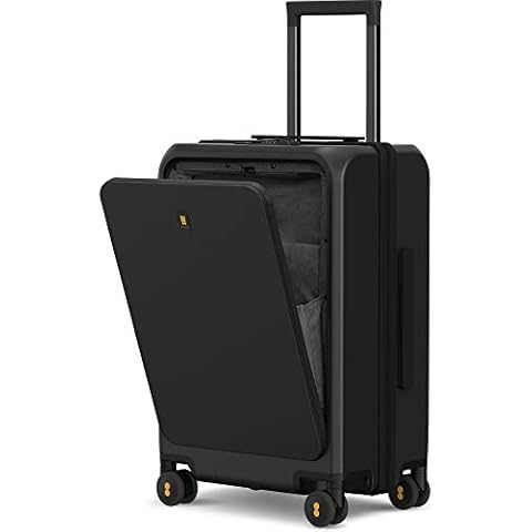 LEVEL8 Road Runner Pro Carry-On Luggage, 20” Lightweight PC Hardside Suitcase with Wheels, Spinner Trolley for Luggages with Front Compartment, Tsa Lock, Black Cover