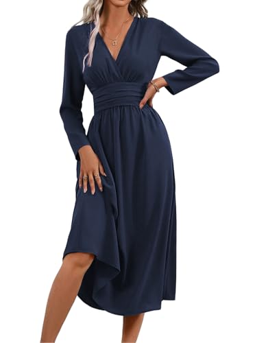 LIAMERHE Damen Langarm V-Ausschnitt Winterkleid Elegant Lang Kleider Herbst Freizeitkleider Plissee Hohe Taille Lässiges Kleid Boho Stil A-Linie...