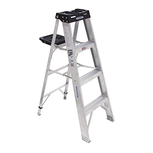Single Sided Step Ladder with Pail Shelf, 300 Lb, 3 in, 3 in Front X 1-1/4 in Rear, 4-Foot - Werner 374