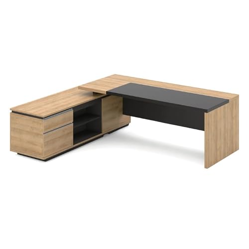 Image of Director & Executive L-Shape Table for Office & Writing Desk Made in Particle Board Multi-Functional Wire with Charcoal Black Panel 5-Year Warranty & Free Assembly (LDL-575)