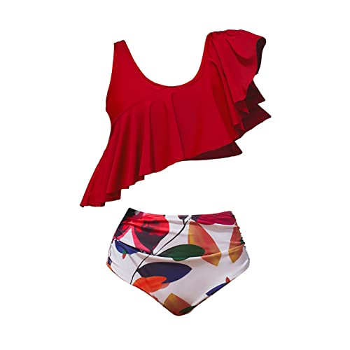 Vanansa Bikini Damen Set Asymmetrisch Rüschen Bedeanzug Damen Bauchweg Hoher Taile Bademode Cover